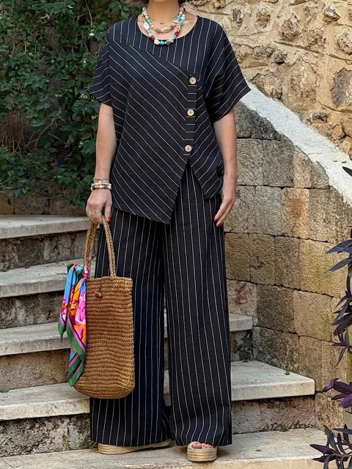 Striped Short-sleeve Shirt And Loose-fitting Pants Two-piece Set