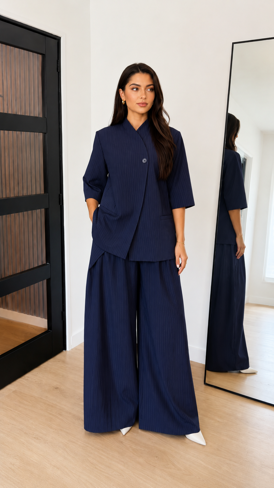 Pinstripe Asymmetric Blazer & Wide-Leg Pants Set
