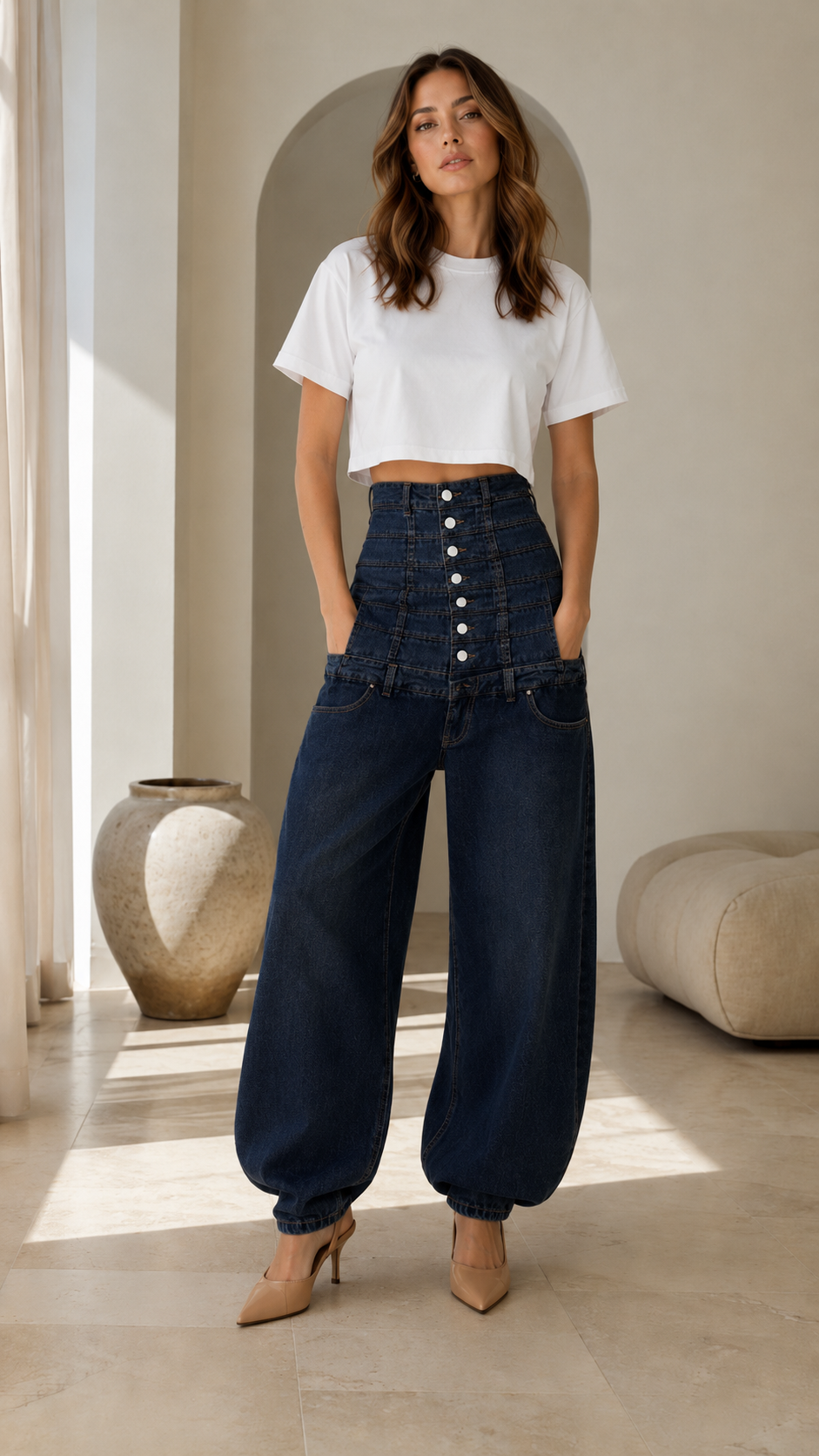 High-Rise Button Front Barrel Jeans