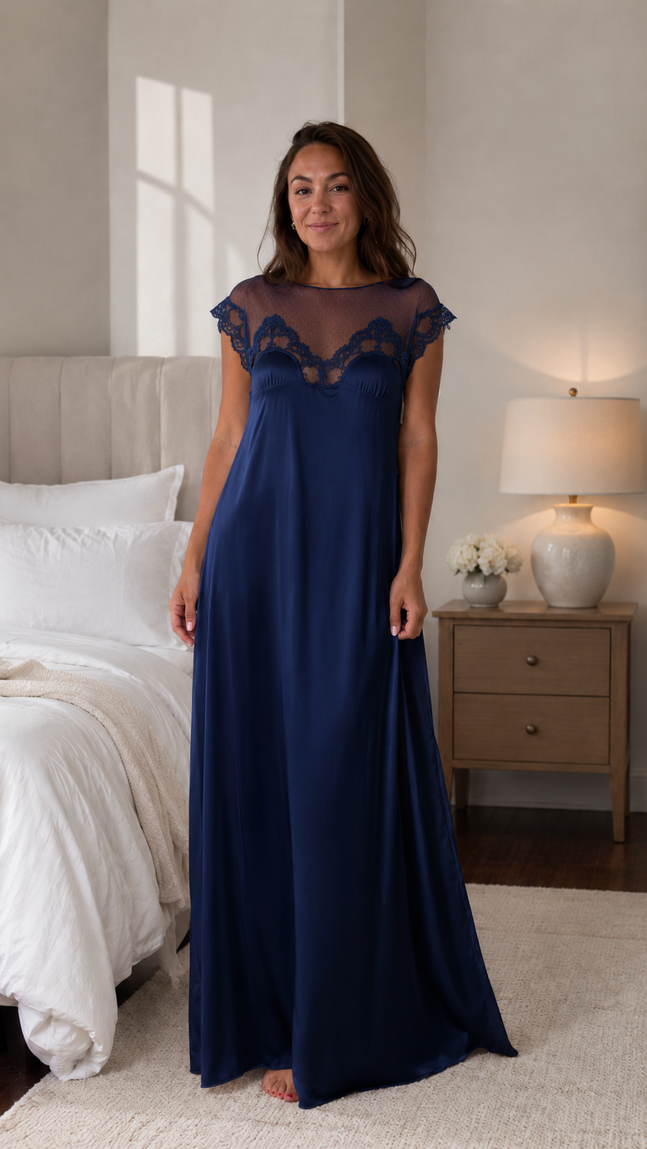 Sheer Lace Yoke Satin Maxi Nightgown