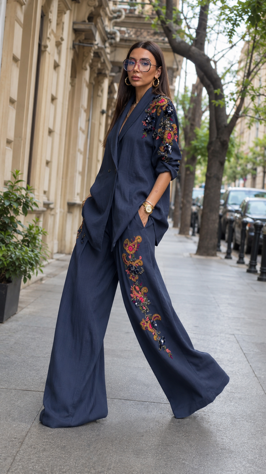 Embellished Linen-Look Blazer & Wide-Leg Pants Set