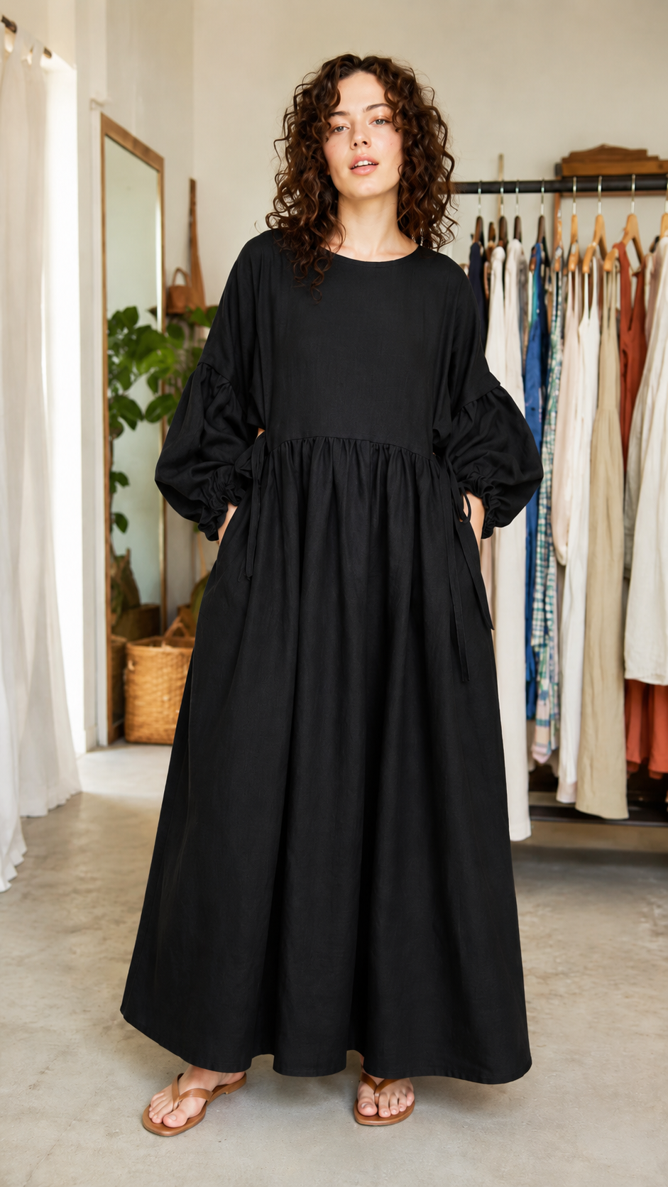 Oversized Balloon Sleeve Maxi Smock Dress