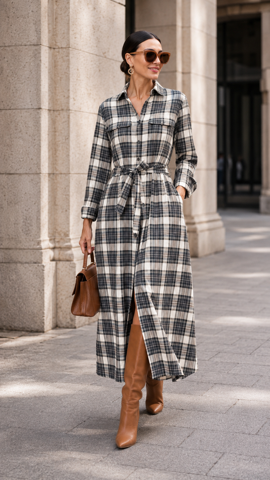 Plaid Belted Button-Down Maxi Shirt Dress