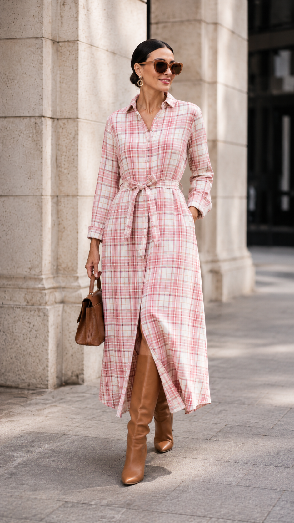 Plaid Belted Button-Down Maxi Shirt Dress