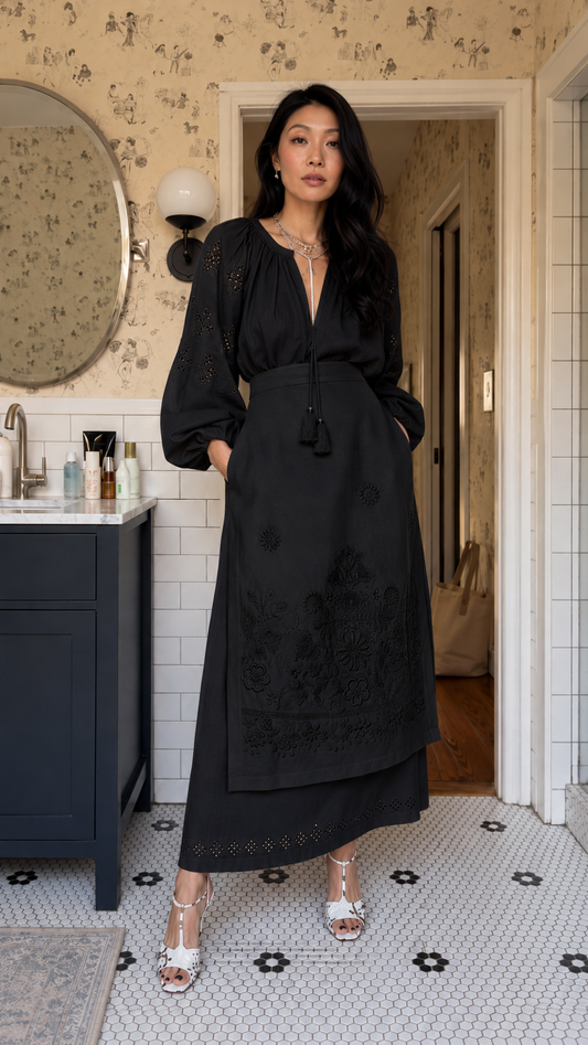 Boho Embroidered Peasant Blouse & Layered Maxi Skirt Set