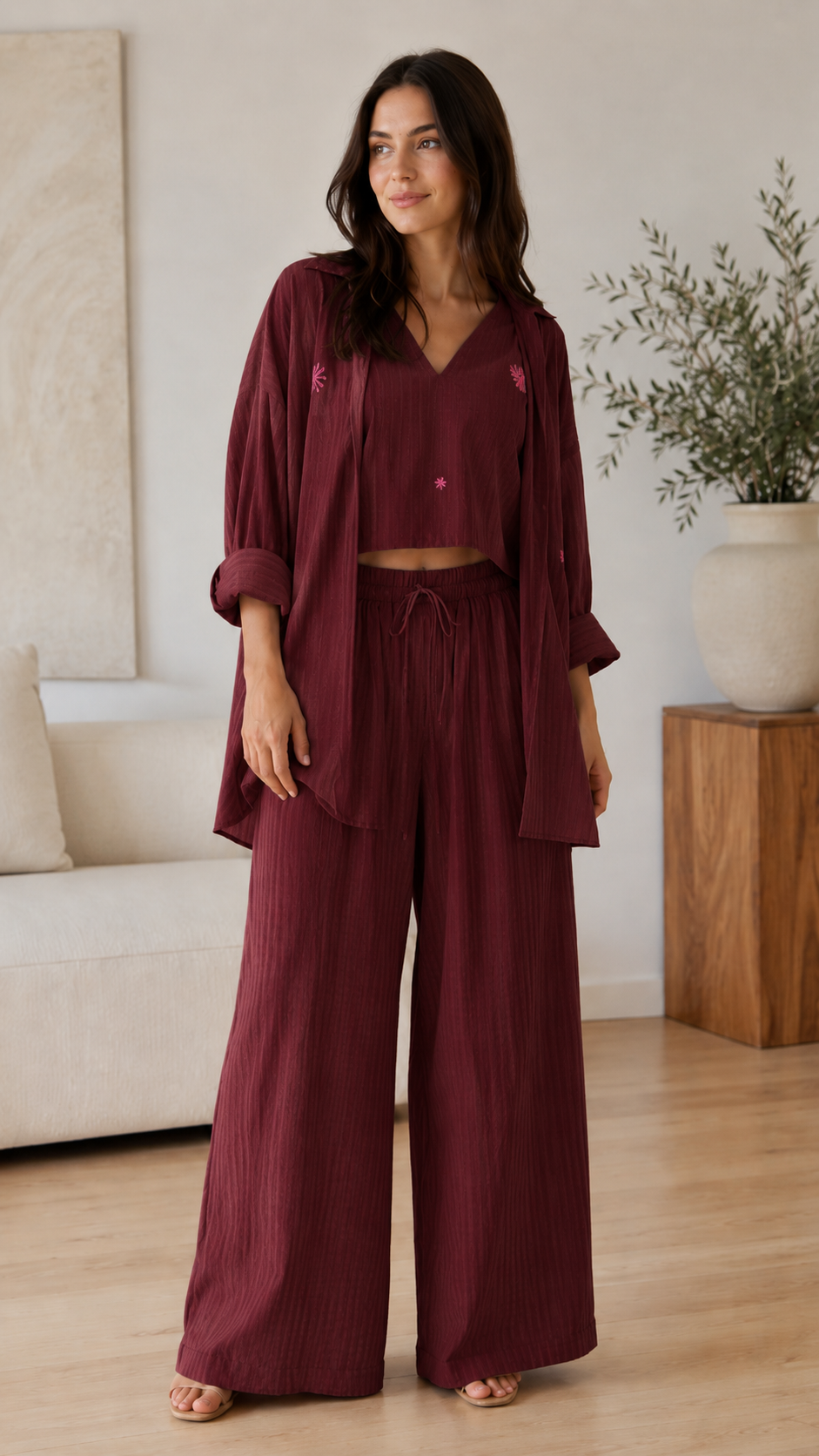 Embroidered 3-Piece Wide Leg Lounge Set