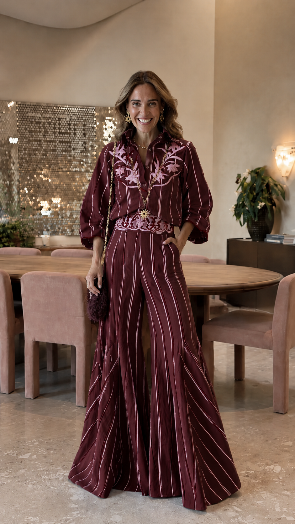 Embroidered Striped Shirt & Flared Palazzo Pants Set