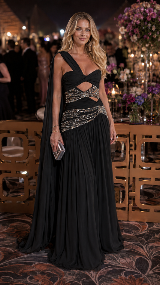 One-Shoulder Beaded Cut-Out Pleated Evening Gown