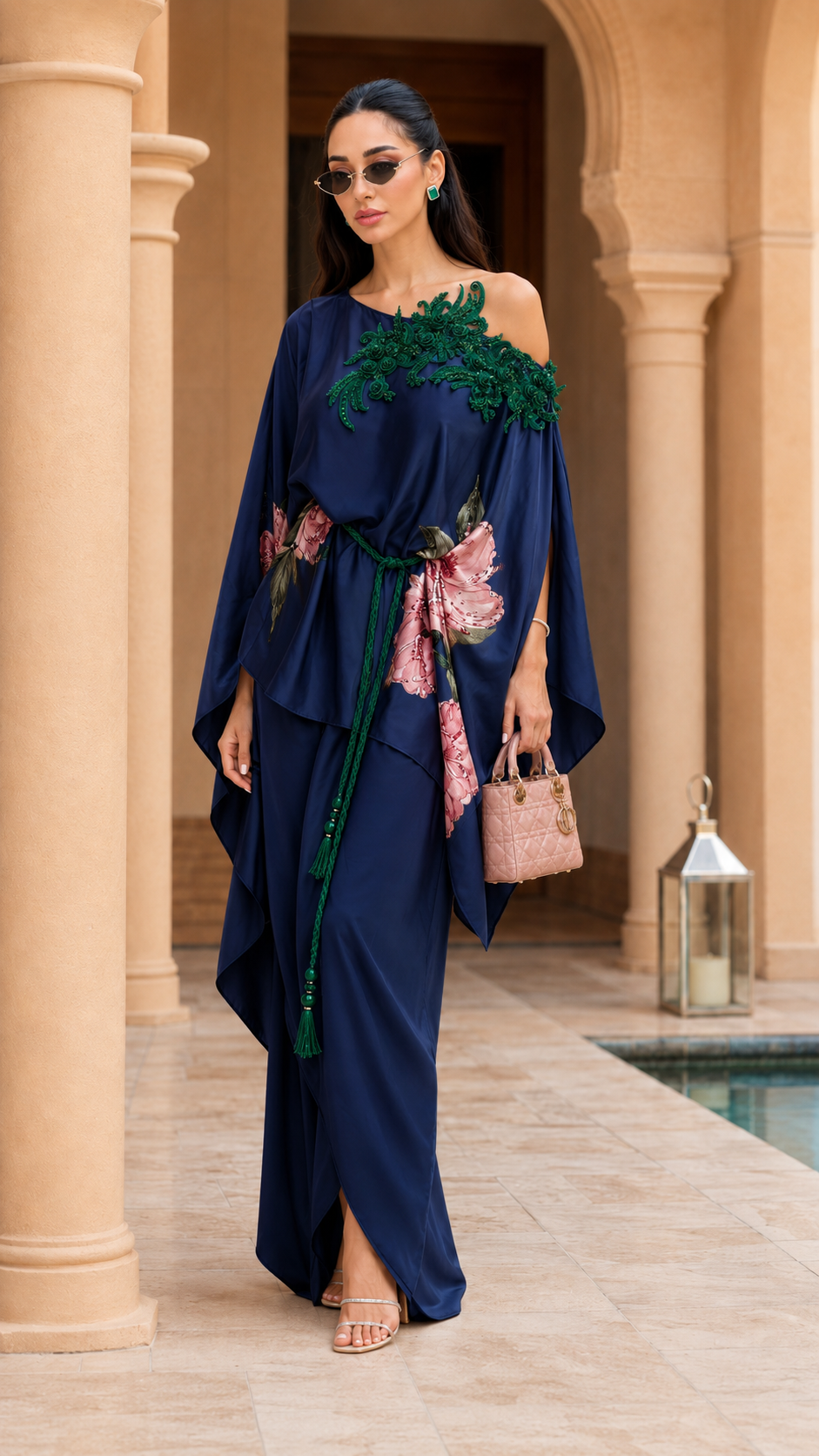 One-Shoulder Floral Embroidered Kaftan Maxi Skirt Set