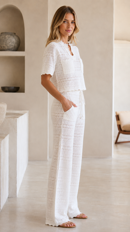 Crochet Knit Crop Top & Wide-Leg Pants Set