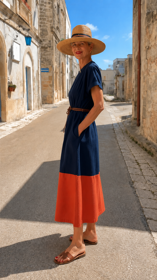 Color Block Belted Midi Dress