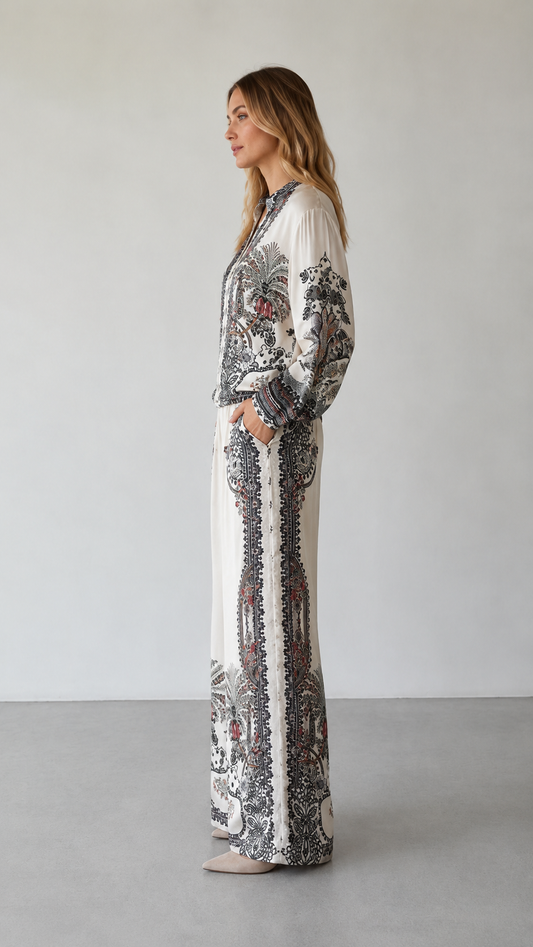 Paisley Print Zip-Front Blouse & Wide Leg Pants Set