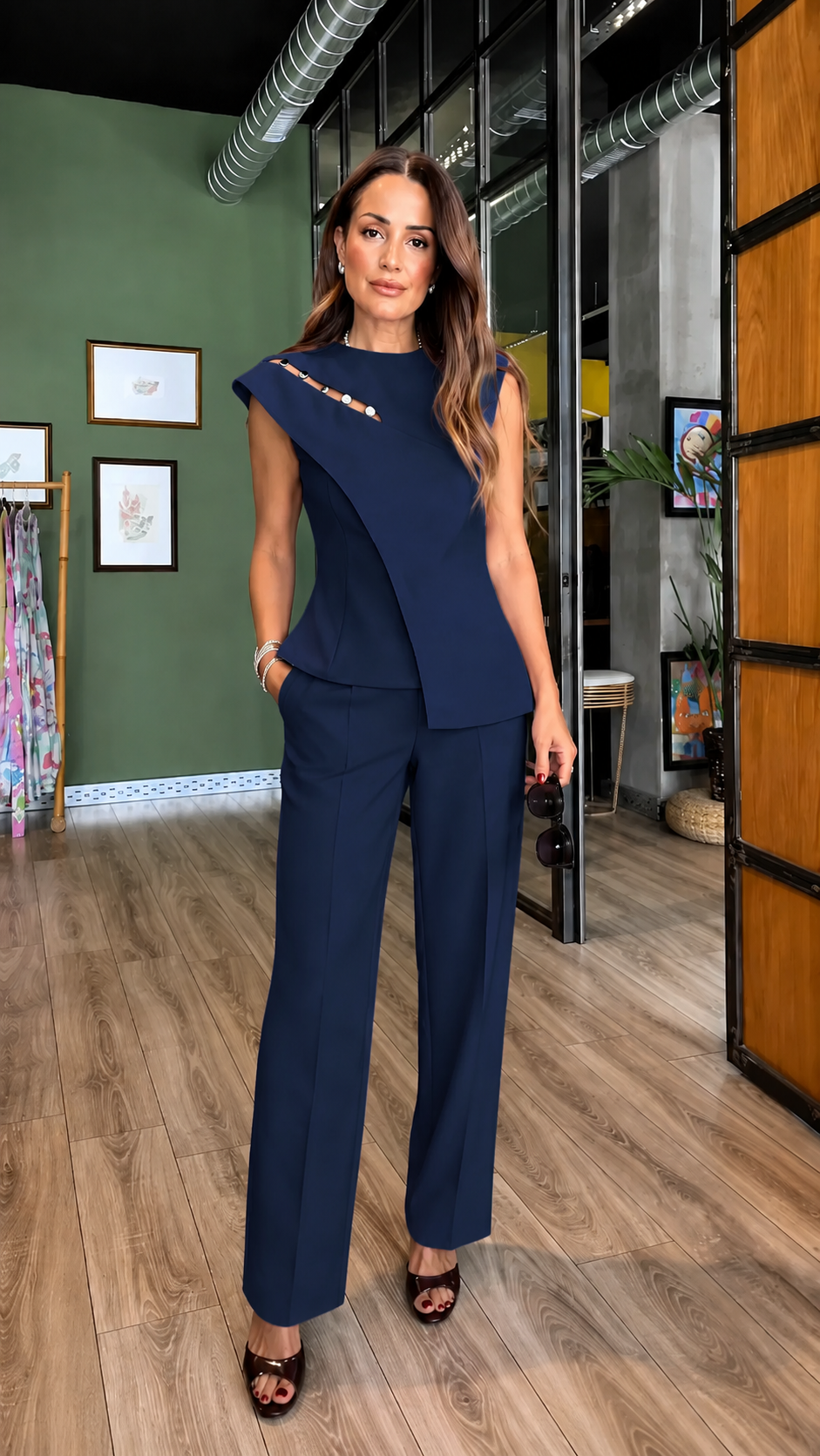 Asymmetrical Button Detail Top & Tailored Pants Set