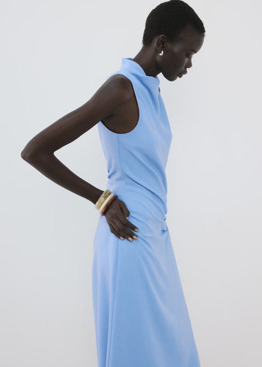Draped neck dress with side ruching