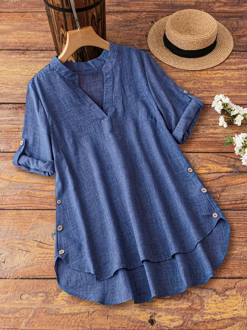 V-Neck Button-Down Loose Fashionable Womens Shirt