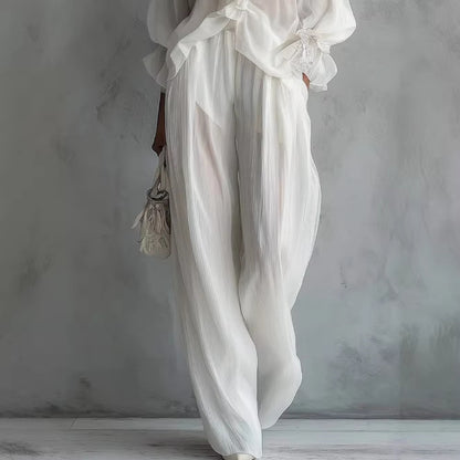 Lace Long-sleeve Shirt And Wide-leg Pants Set