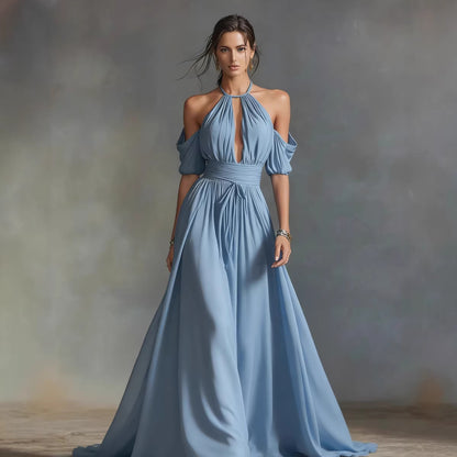 Womens Solid-Colored Halter Maxi Dress