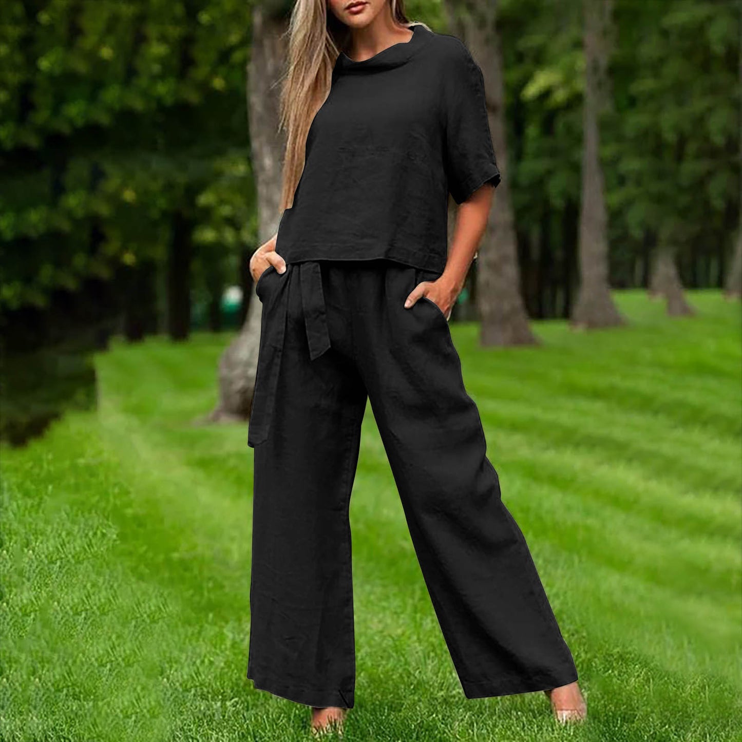 Round-neck Plus-size Womens Casual Two-piece Set, Trendy For Women