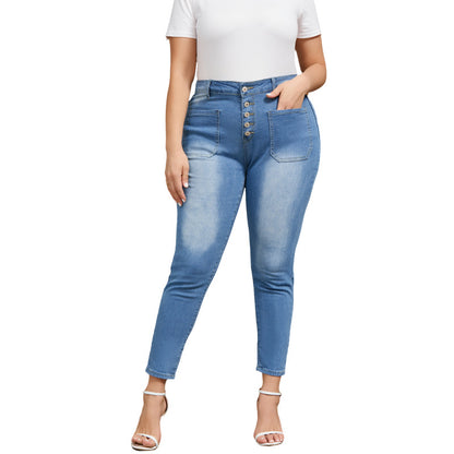 European And American Plus-Size Womens Tight Washed Denim Jeans