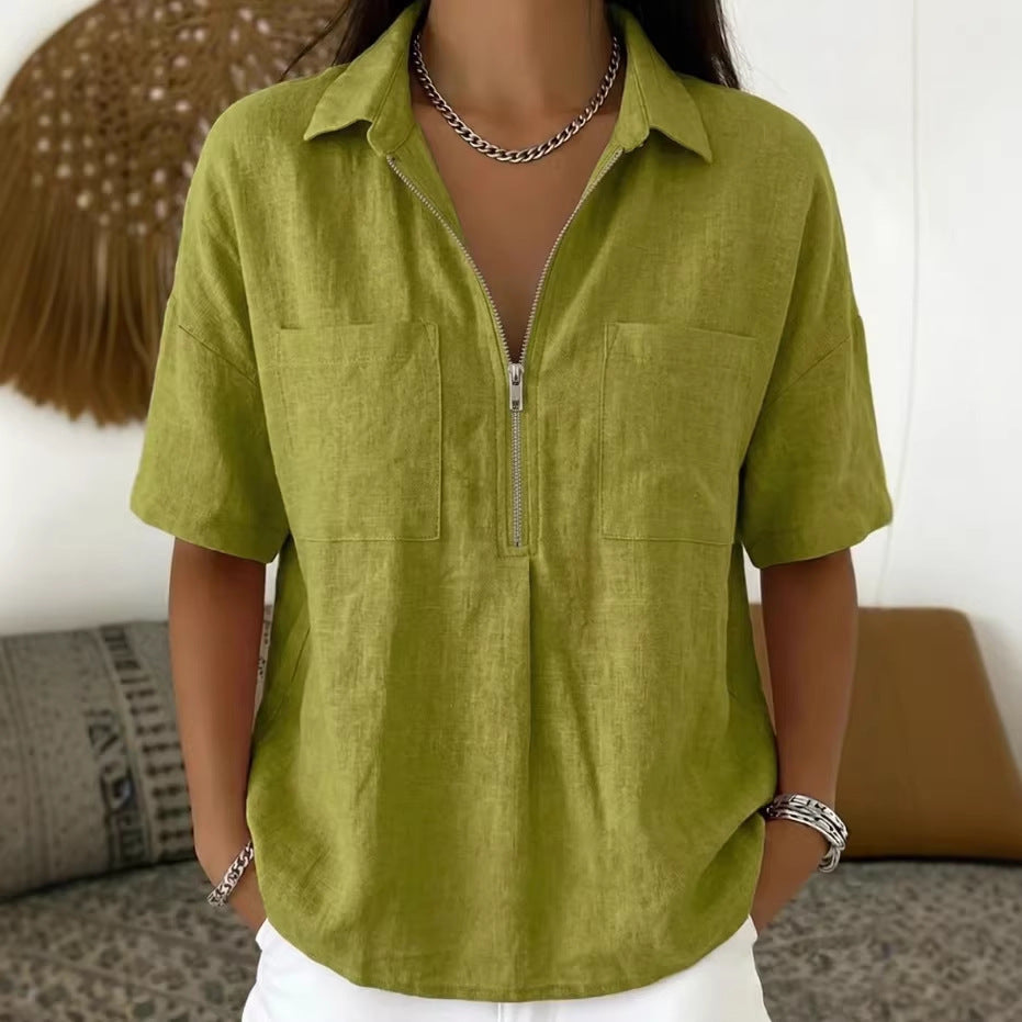 Loose-fit Lapel Short-sleeve Casual V-neck Zip-up Shirt