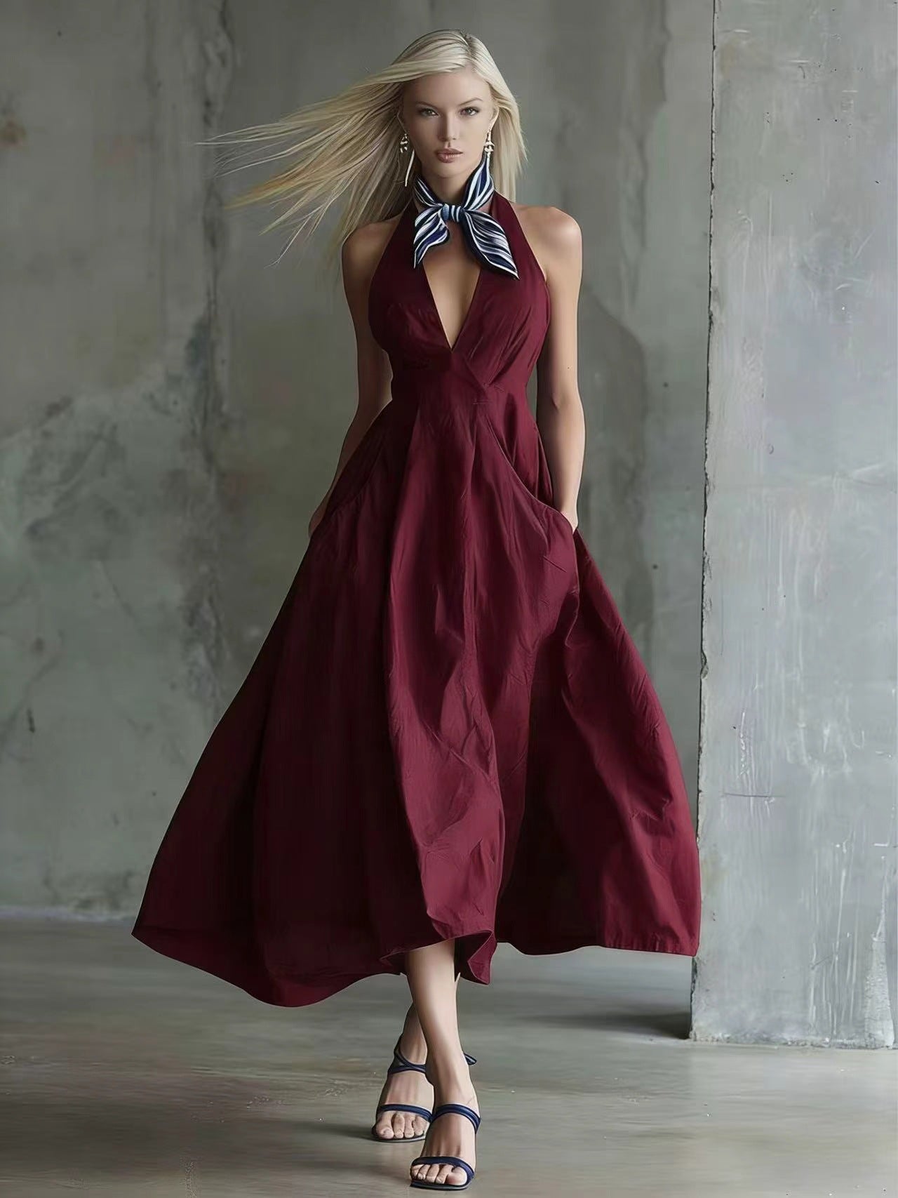 Womens Retro Sleeveless Tie-Waist A-Line Midi Dress With V-Neck
