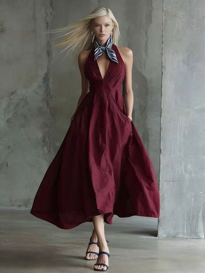 Womens Retro Sleeveless Tie-Waist A-Line Midi Dress With V-Neck