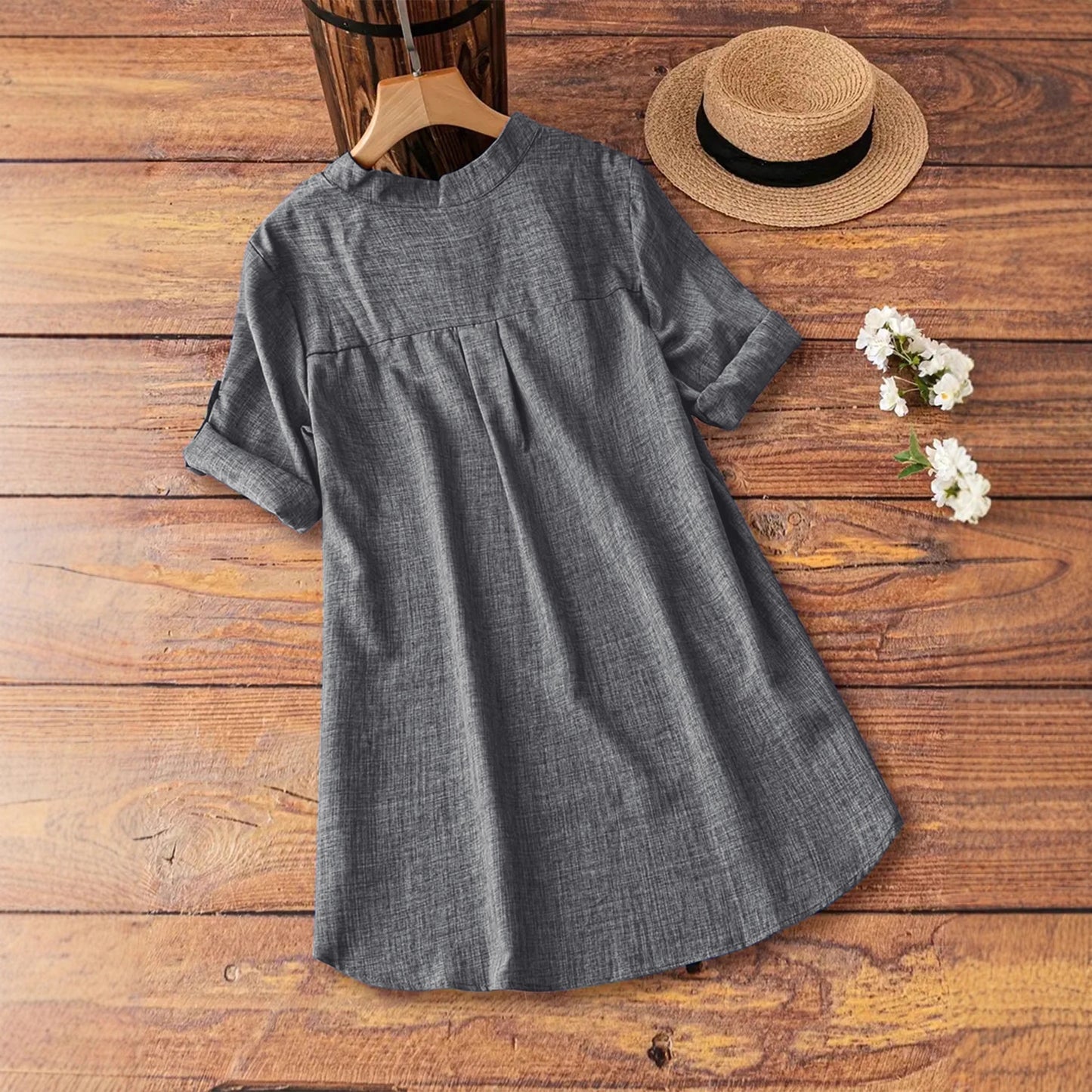 V-Neck Button-Down Loose Fashionable Womens Shirt