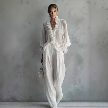 Lace Long-sleeve Shirt And Wide-leg Pants Set