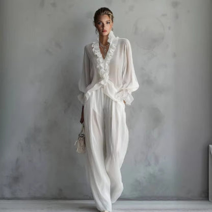 Lace Long-sleeve Shirt And Wide-leg Pants Set