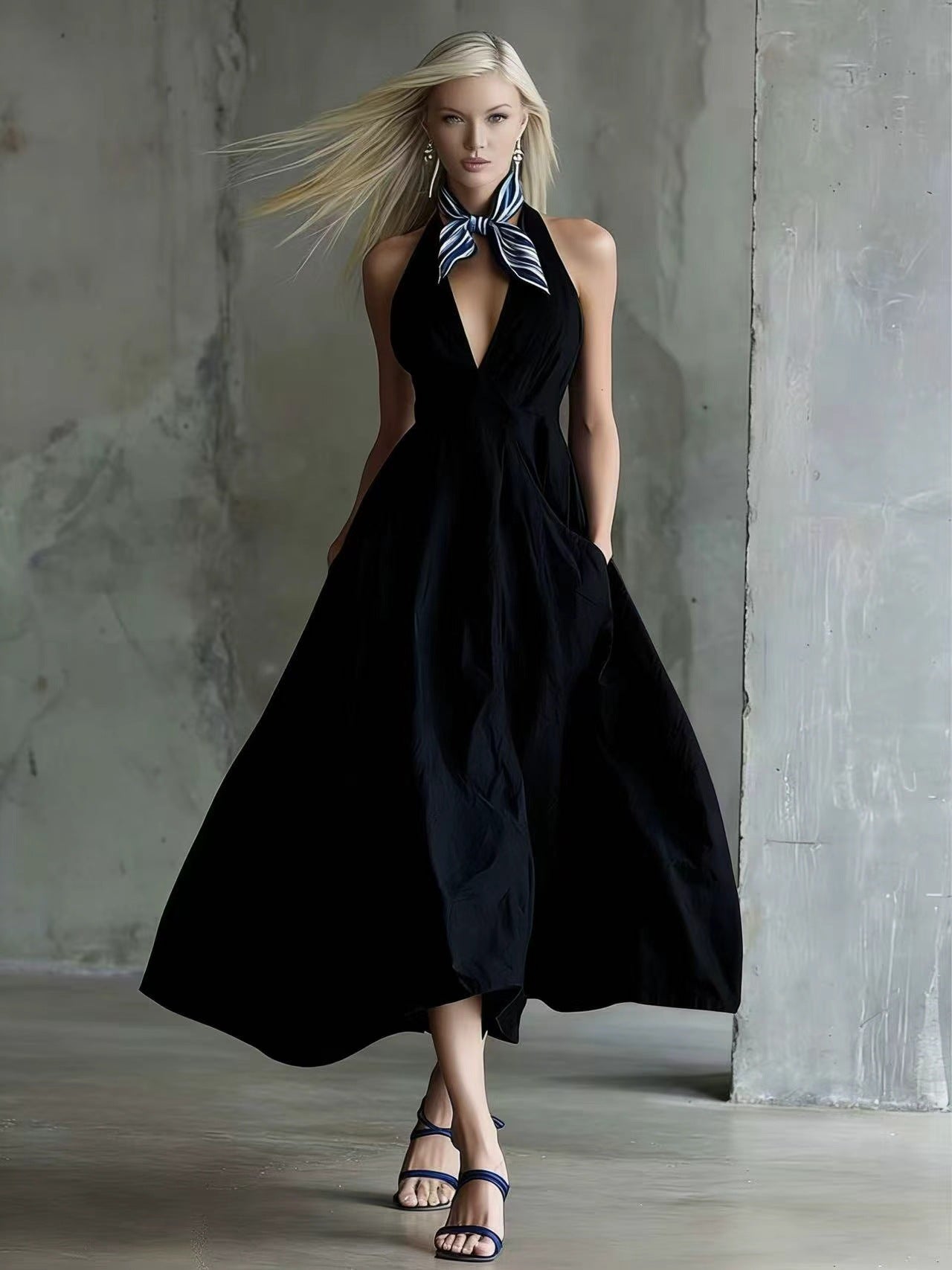 Womens Retro Sleeveless Tie-Waist A-Line Midi Dress With V-Neck