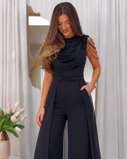Elegant Black Draped Wide-Leg Jumpsuit