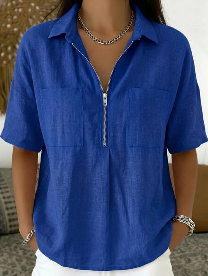Loose-fit Lapel Short-sleeve Casual V-neck Zip-up Shirt