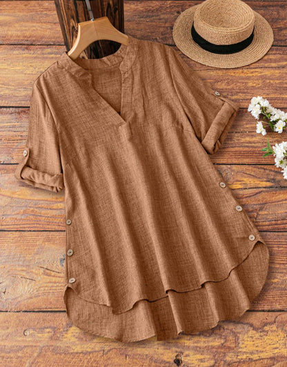 V-Neck Button-Down Loose Fashionable Womens Shirt