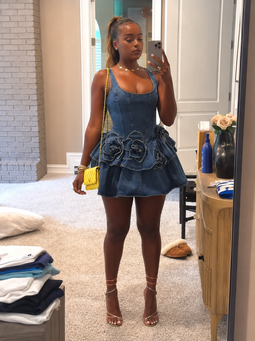 Denim Corset Mini Dress with 3D Floral Ruffle Skirt