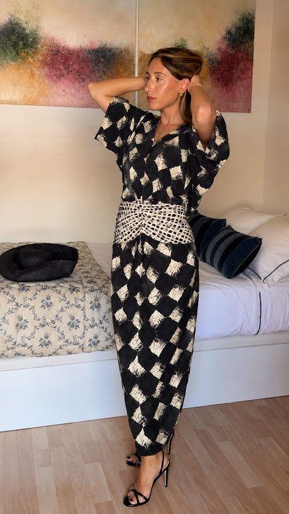 Crochet Waist Printed Kimono Maxi Dress