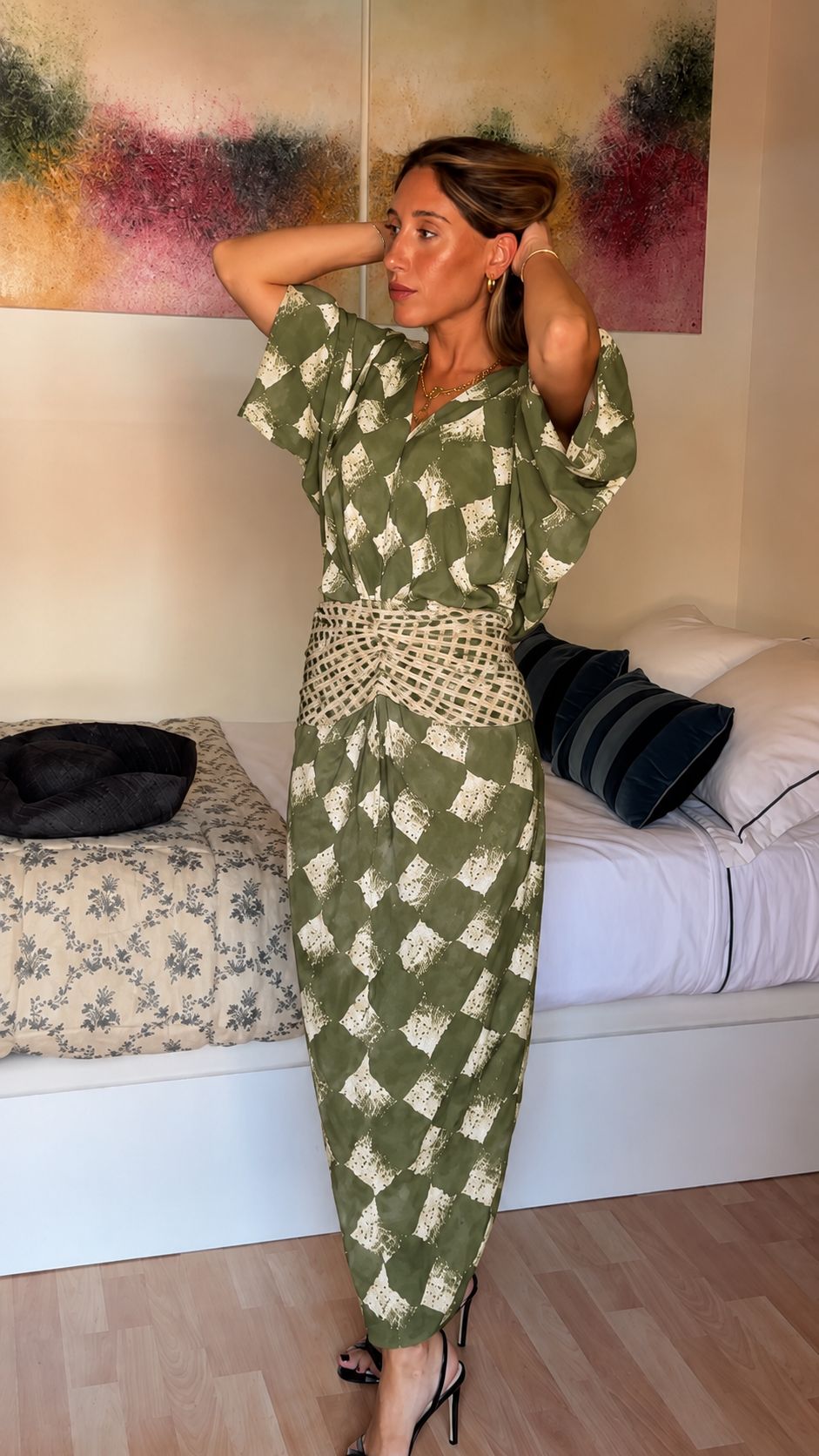 Crochet Waist Printed Kimono Maxi Dress