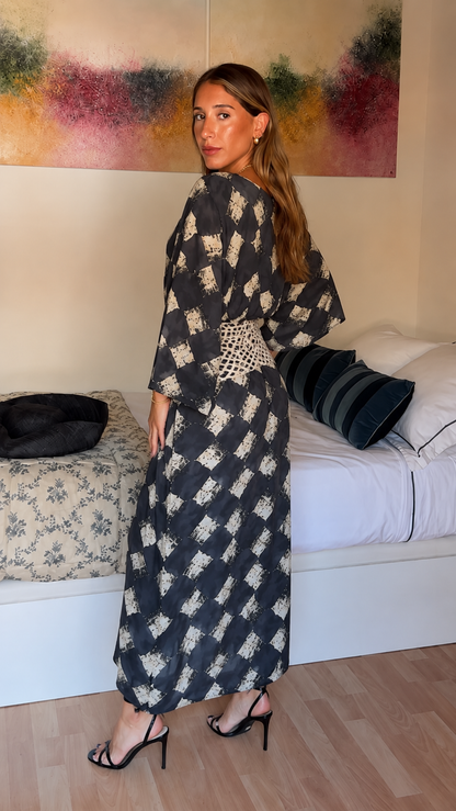 Crochet Waist Printed Kimono Maxi Dress