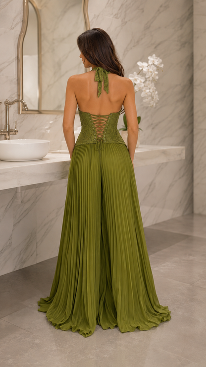 Lace Halter Corset Pleated Wide-Leg Jumpsuit