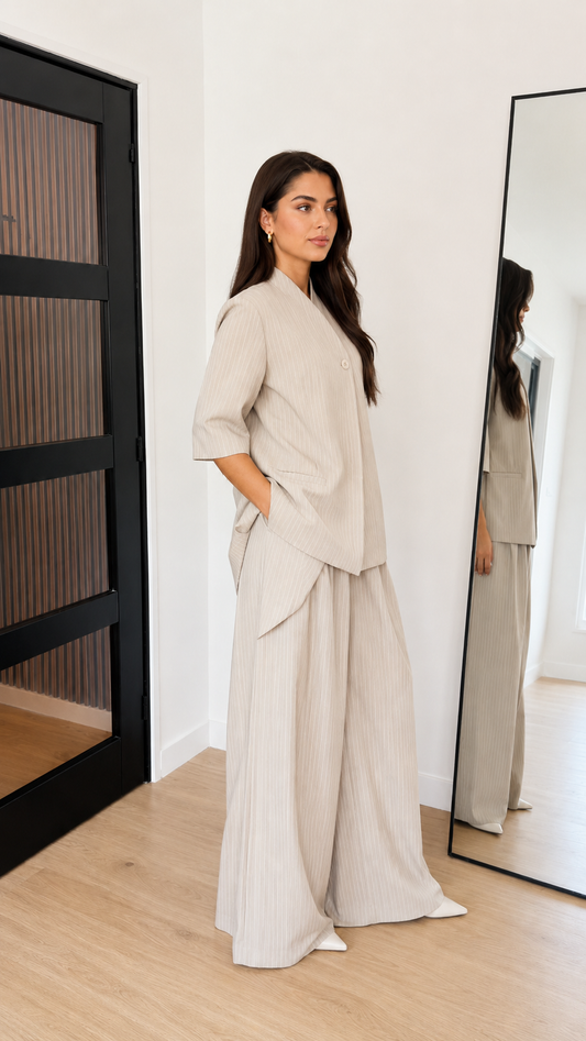 Pinstripe Asymmetric Blazer & Wide-Leg Pants Set