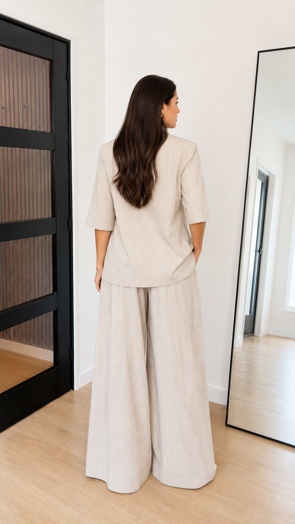 Pinstripe Asymmetric Blazer & Wide-Leg Pants Set