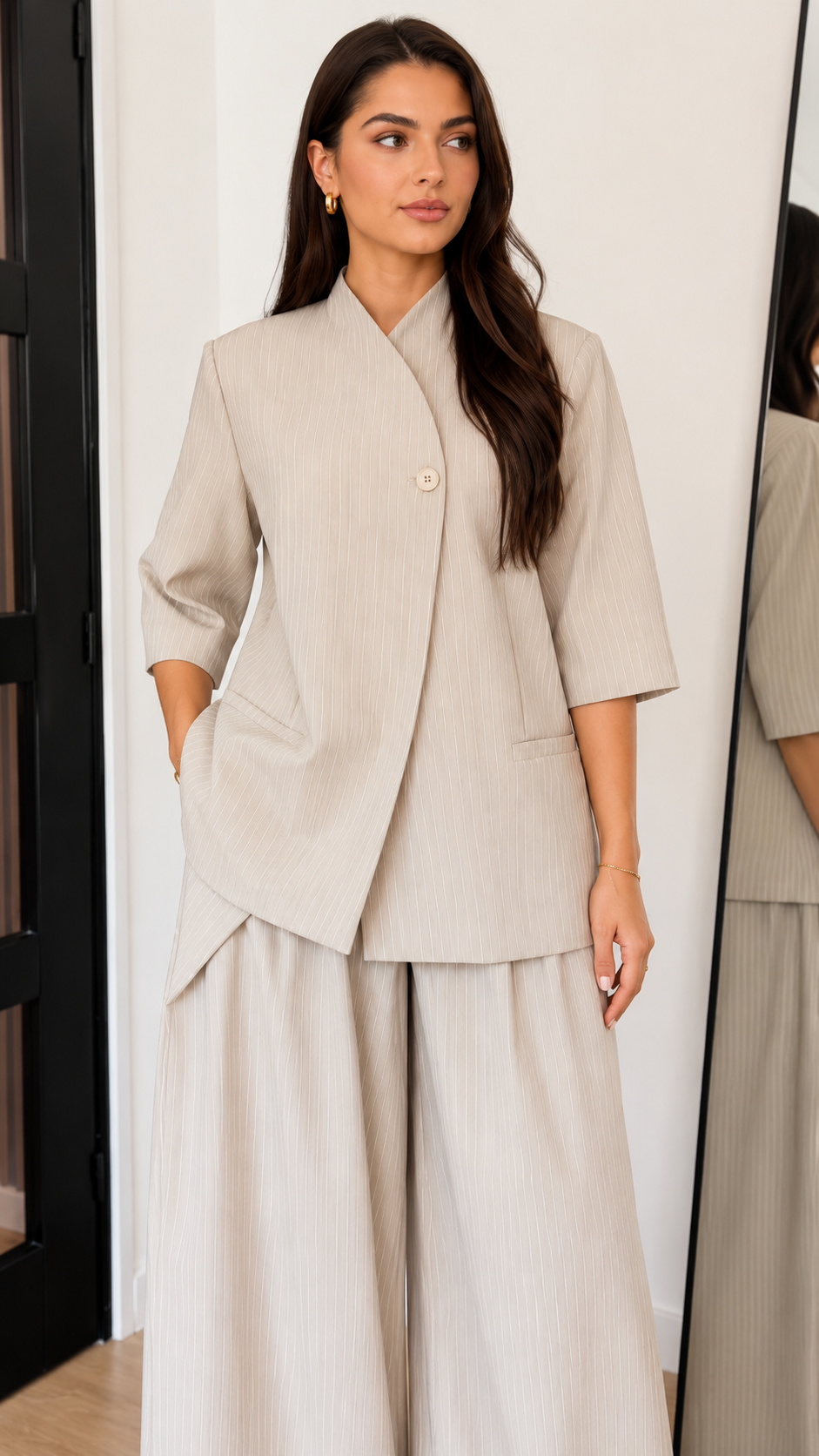 Pinstripe Asymmetric Blazer & Wide-Leg Pants Set