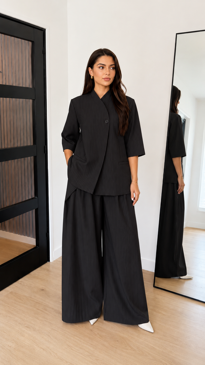 Pinstripe Asymmetric Blazer & Wide-Leg Pants Set