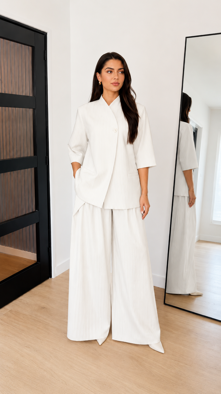 Pinstripe Asymmetric Blazer & Wide-Leg Pants Set