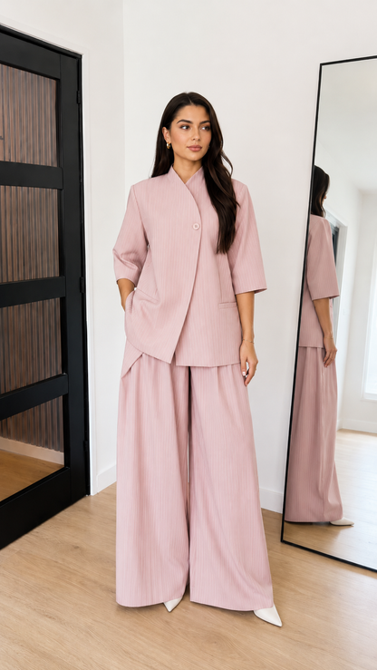 Pinstripe Asymmetric Blazer & Wide-Leg Pants Set