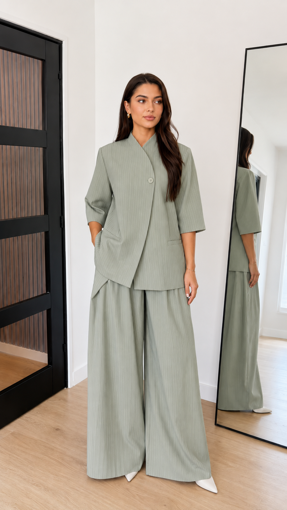 Pinstripe Asymmetric Blazer & Wide-Leg Pants Set