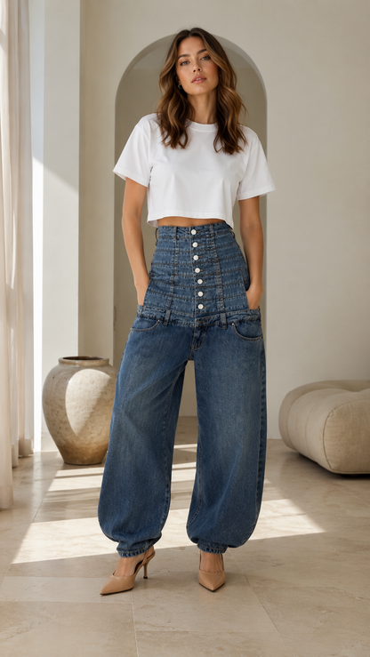 High-Rise Button Front Barrel Jeans