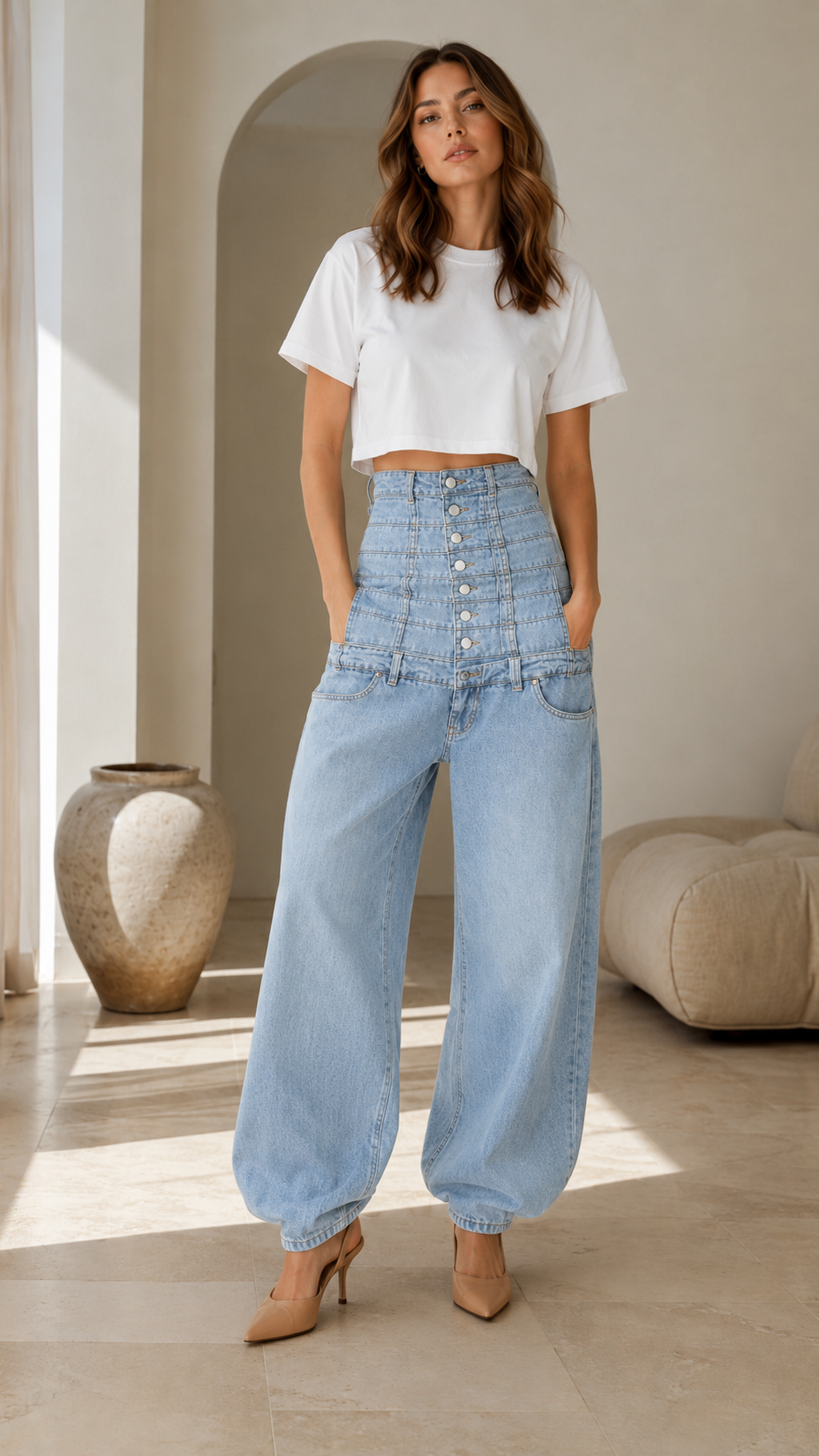 High-Rise Button Front Barrel Jeans