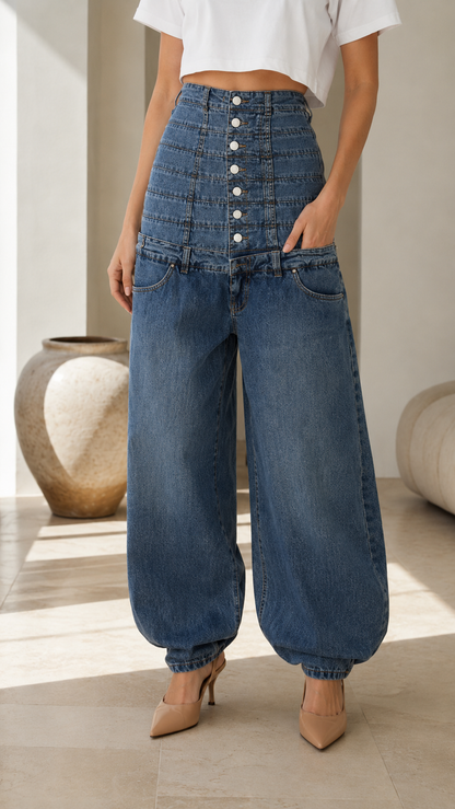 High-Rise Button Front Barrel Jeans