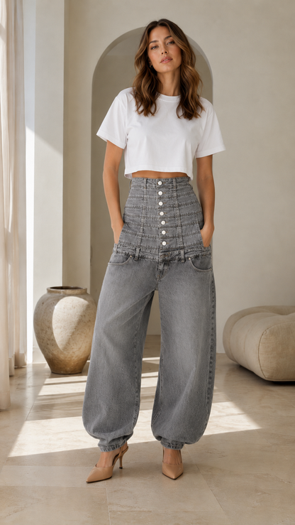 High-Rise Button Front Barrel Jeans