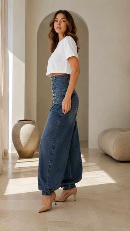 High-Rise Button Front Barrel Jeans